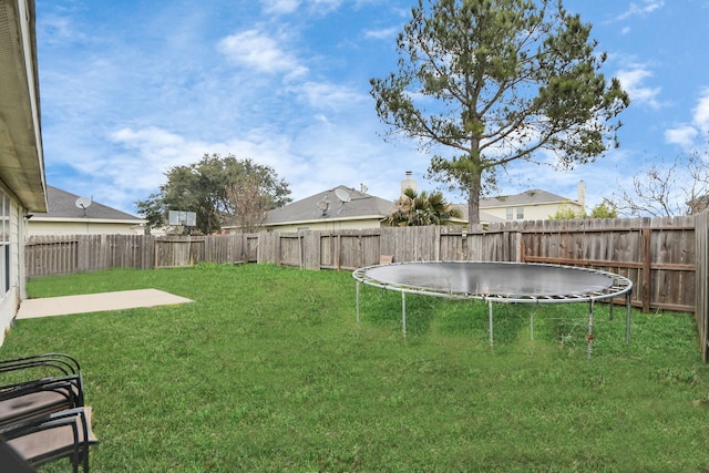 view of yard with a fenced backyard and a trampoline