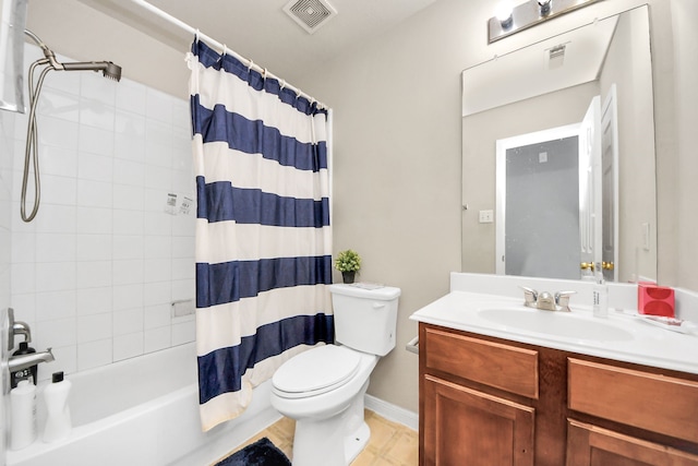 full bath with toilet, shower / tub combo, visible vents, and vanity