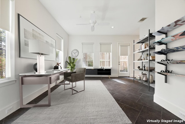 office area with recessed lighting, dark tile patterned flooring, visible vents, baseboards, and a ceiling fan