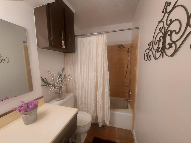 full bath with tile patterned flooring, toilet, vanity, and shower / tub combo with curtain