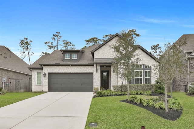 view of front of home with a garage, driveway, a shingled roof, a front lawn, and brick siding