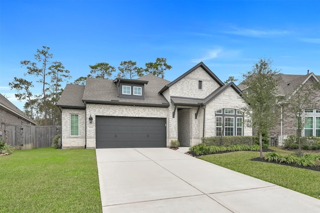 french country style house with a shingled roof, concrete driveway, fence, a garage, and a front lawn