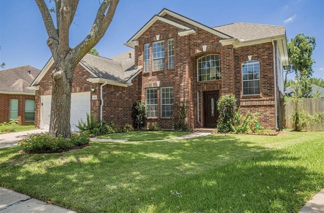 traditional-style home with concrete driveway, an attached garage, fence, a front lawn, and brick siding