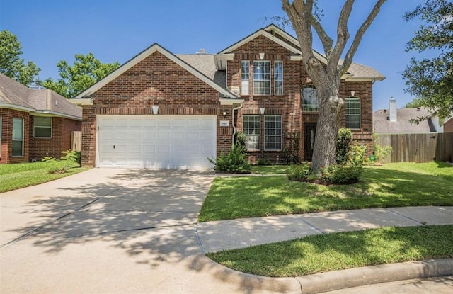 traditional-style home with concrete driveway, brick siding, fence, and an attached garage