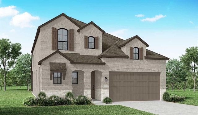 27015 Aurora Garden Ln, Katy, TX 77493 - french provincial home featuring a front yard, an attached garage, stone siding, and a shingled roof