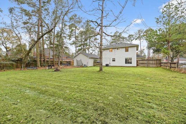 view of yard featuring a fenced backyard and central air condition unit