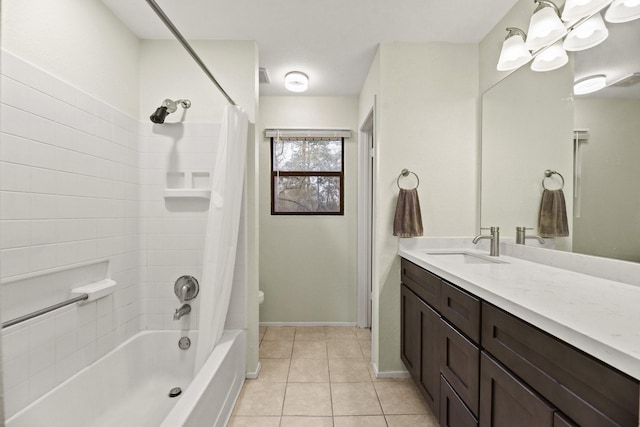 full bathroom with baseboards, shower / bath combination with curtain, vanity, and tile patterned floors