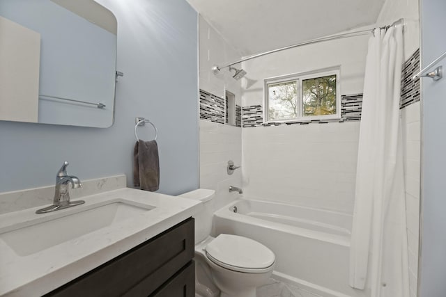 bathroom with toilet, shower / bath combination with curtain, and vanity