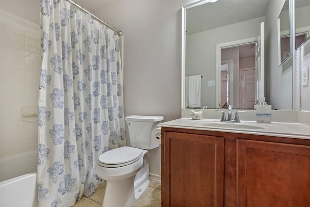 bathroom featuring toilet, tile patterned flooring, shower / bathtub combination with curtain, and vanity