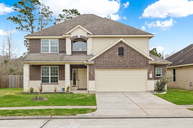 view of front of property with a shingled roof, a front yard, driveway, and fence