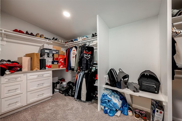 spacious closet featuring light colored carpet