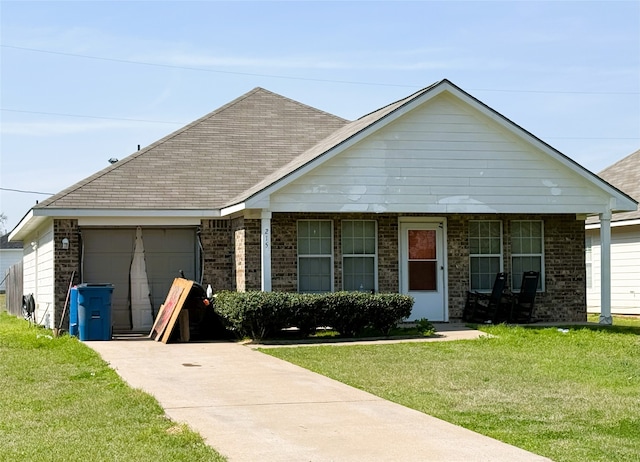 single story home with an attached garage, brick siding, a shingled roof, concrete driveway, and a front lawn