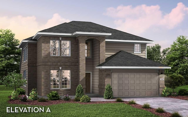 view of front of house with driveway, brick siding, an attached garage, and a shingled roof