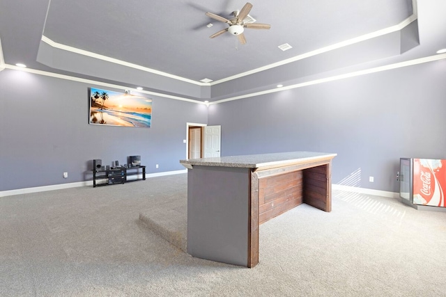 interior space with carpet, a tray ceiling, and baseboards