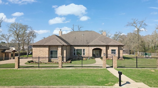 french country inspired facade with a fenced front yard, a front yard, brick siding, and roof with shingles