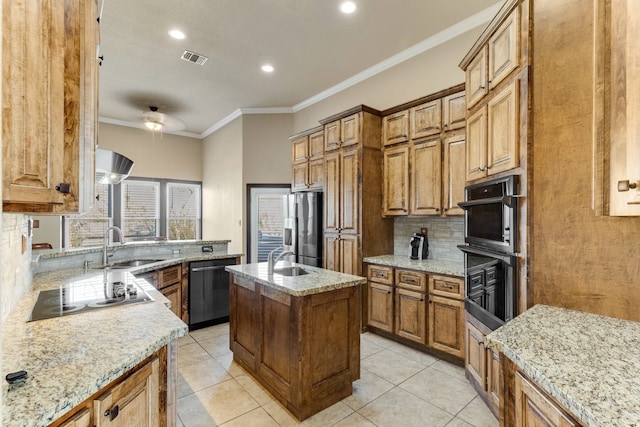 kitchen featuring electric cooktop, visible vents, ornamental molding, a sink, and dishwashing machine