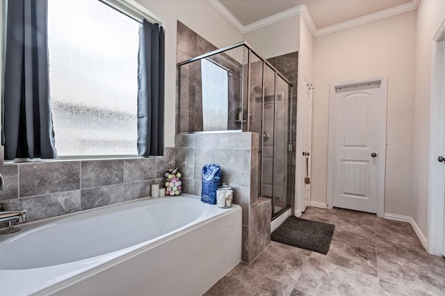 bathroom with ornamental molding, a stall shower, and a garden tub