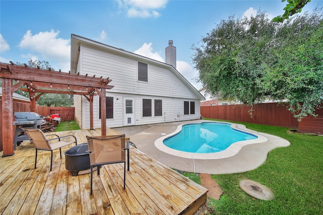 view of pool with a fenced in pool, a grill, a deck, a pergola, and a fenced backyard