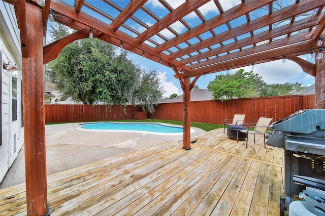 view of swimming pool with a patio, a fenced backyard, a fenced in pool, and a pergola