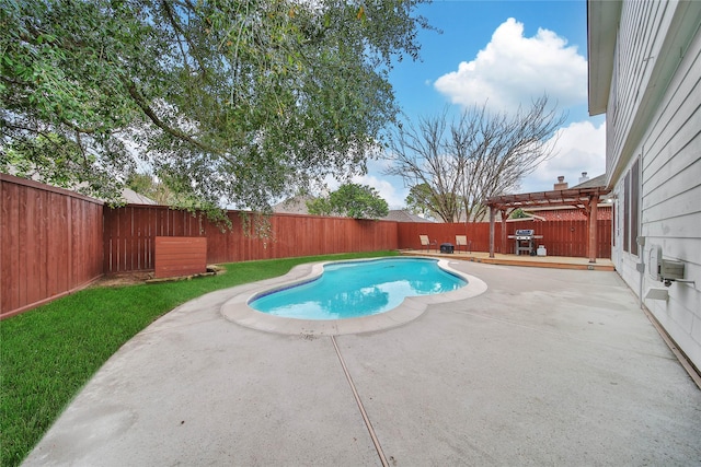 view of pool with a fenced in pool, a fenced backyard, a patio, and a pergola