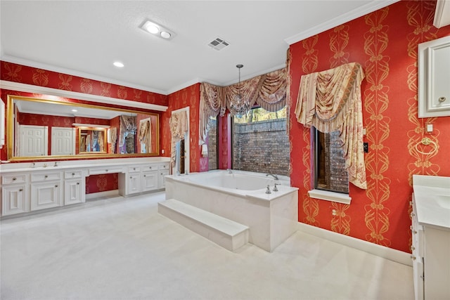 bathroom featuring wallpapered walls, baseboards, visible vents, a garden tub, and vanity