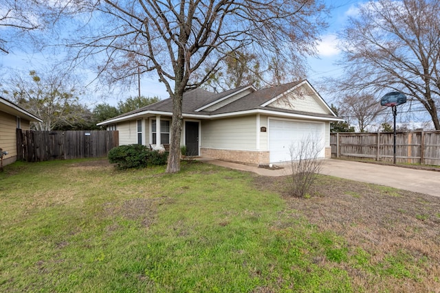 single story home featuring driveway, an attached garage, fence, a front lawn, and brick siding