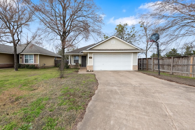 single story home featuring brick siding, an attached garage, a front yard, fence, and driveway