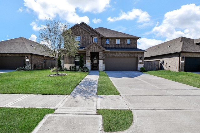 view of front of home with a front yard, concrete driveway, and brick siding