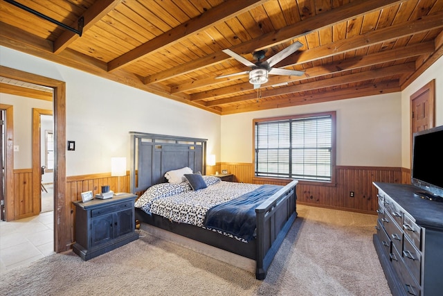 bedroom with wooden ceiling, beam ceiling, and wainscoting