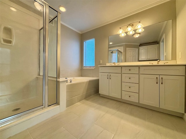 full bathroom featuring ornamental molding, a sink, a bath, and a shower stall