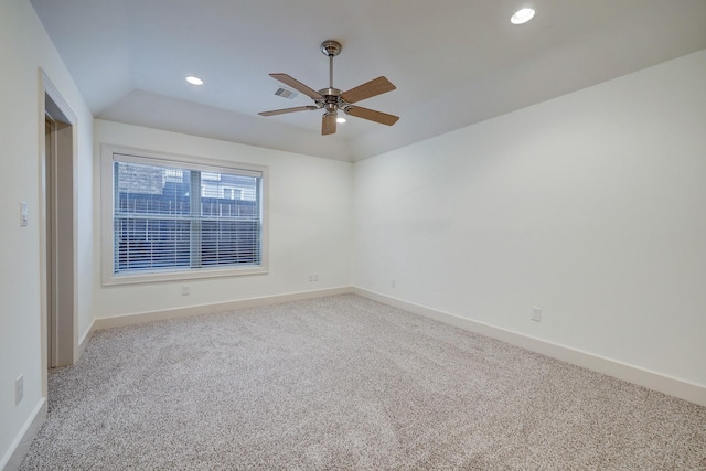 unfurnished room with baseboards, recessed lighting, visible vents, and light colored carpet