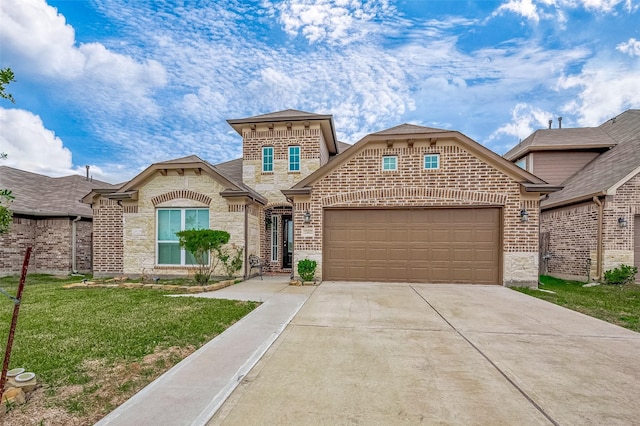 view of front of house with an attached garage, stone siding, and driveway