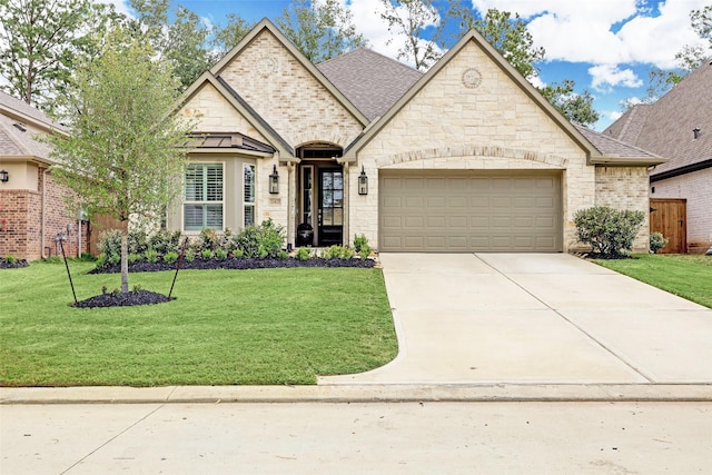 french country inspired facade with brick siding, a shingled roof, a front yard, a garage, and driveway