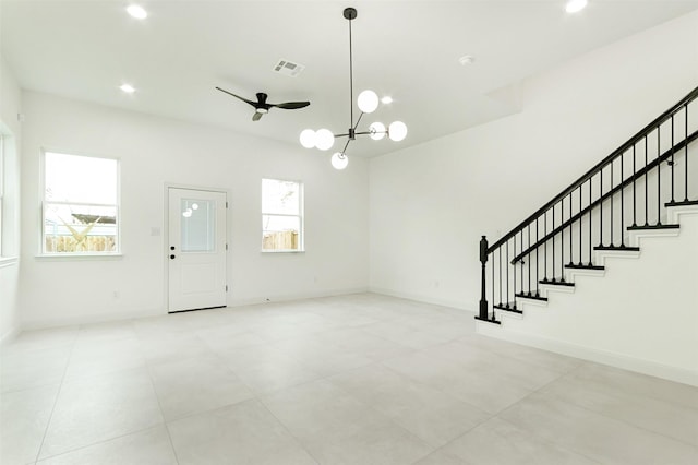 interior space with stairs, recessed lighting, visible vents, and baseboards