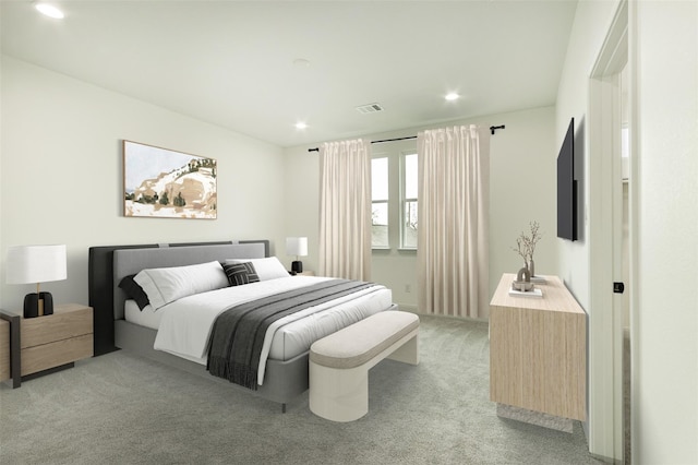 bedroom with recessed lighting, light colored carpet, and visible vents