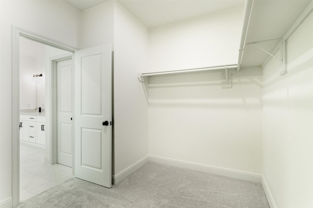 walk in closet with light carpet