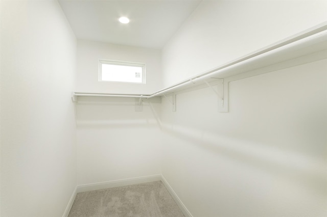 walk in closet featuring light carpet