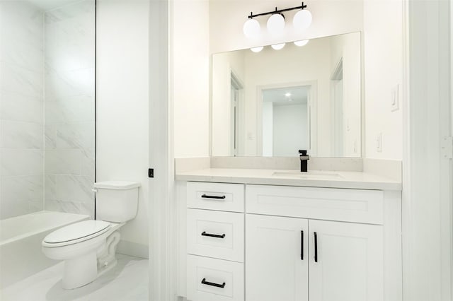 full bathroom featuring marble finish floor, toilet, vanity, and baseboards