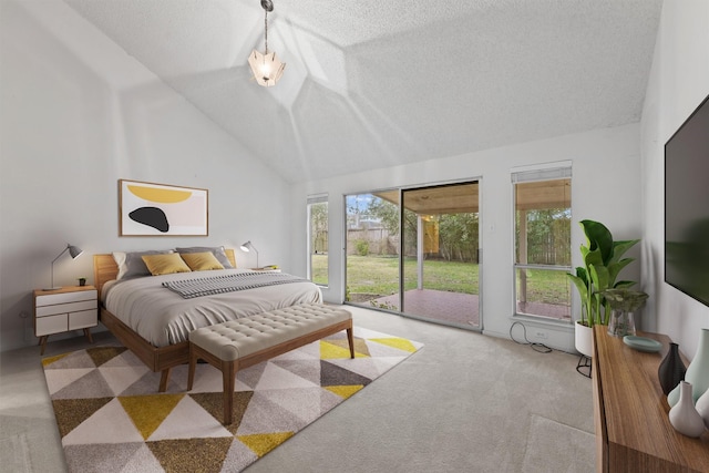 bedroom featuring light carpet, access to outside, a textured ceiling, and high vaulted ceiling