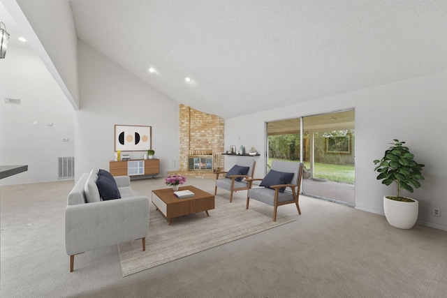 living area with high vaulted ceiling, recessed lighting, light colored carpet, a fireplace, and visible vents