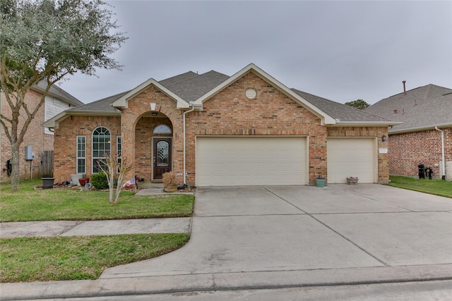 view of front of home featuring concrete driveway, brick siding, an attached garage, and a shingled roof