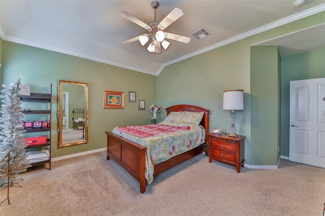 bedroom featuring light carpet, crown molding, visible vents, and baseboards