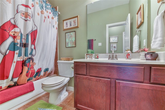 full bathroom with toilet, shower / tub combo, tile patterned flooring, and vanity