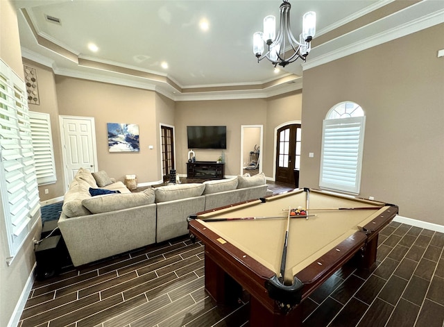 18315 Wisp Willow Way, Porter, TX 77365 - recreation room with visible vents, ornamental molding, french doors, baseboards, and wood tiled floor