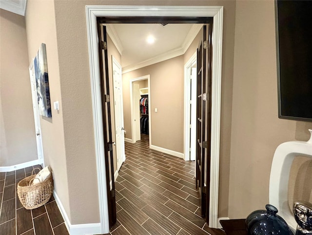 18315 Wisp Willow Way, Porter, TX 77365 - hallway with wood finish floors, baseboards, and ornamental molding