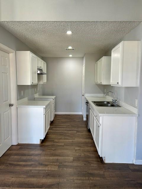 kitchen with white cabinets, dark wood-style floors, light countertops, and a sink