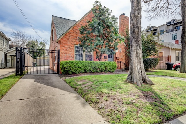 view of front facade with brick siding, a shingled roof, a gate, fence, and a front lawn