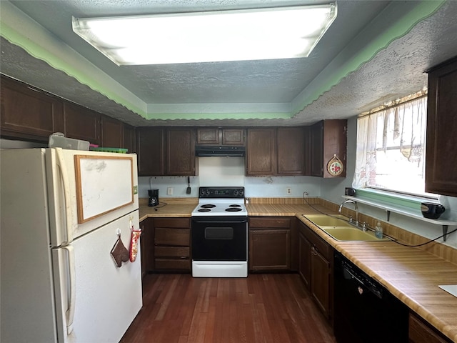 kitchen with under cabinet range hood, a sink, electric stove, light countertops, and freestanding refrigerator