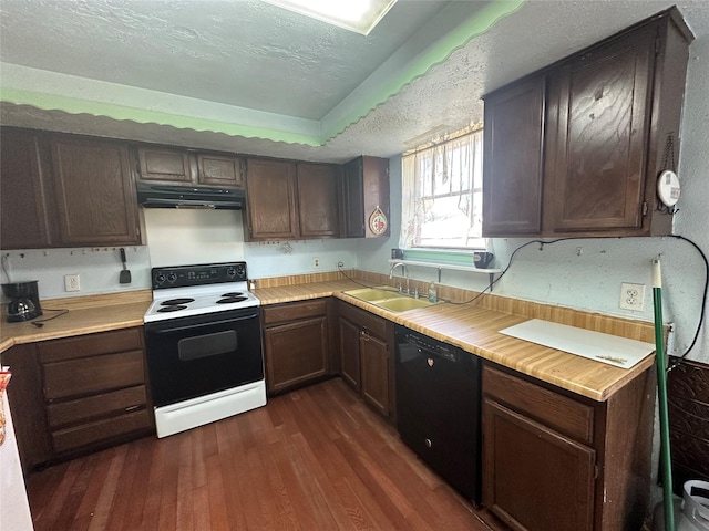 kitchen with electric stove, black dishwasher, light countertops, a sink, and under cabinet range hood