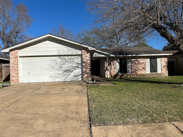 ranch-style home featuring a garage, driveway, a front lawn, and brick siding